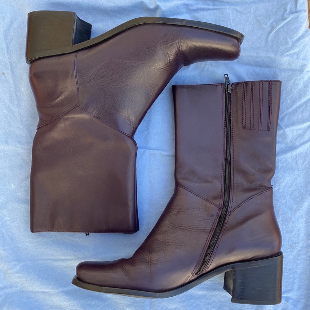 Dark purple leather square toe block heel boots